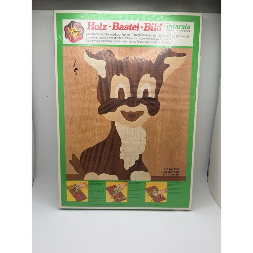 Vintage Do Holz-Bastel-Bild Intarsia Wood Inlay Crafts Steeb Puppy Sealed
